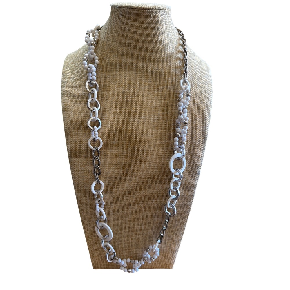 Chicos Silver Tone White Bead Resin Ring Long Toggle Necklace Mixed Media